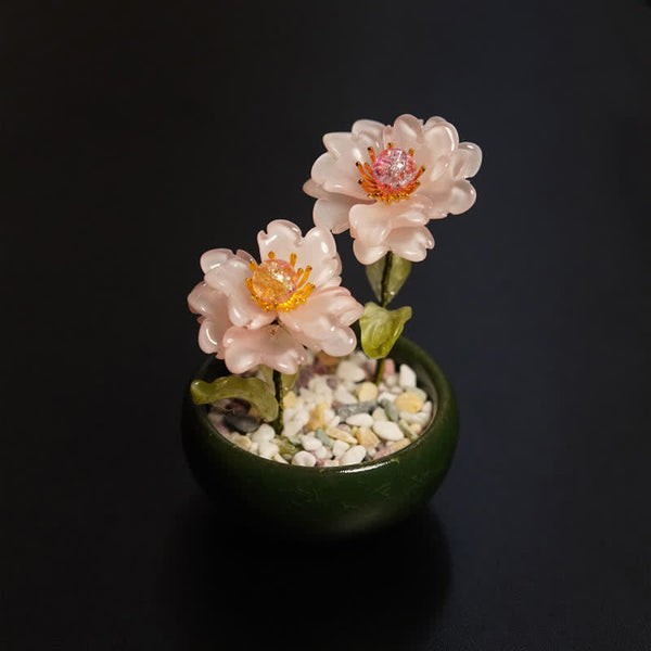 Peony Lotus Liuli Flowerpot – Blush pink peonies in deep green jade bowl, beauty decor