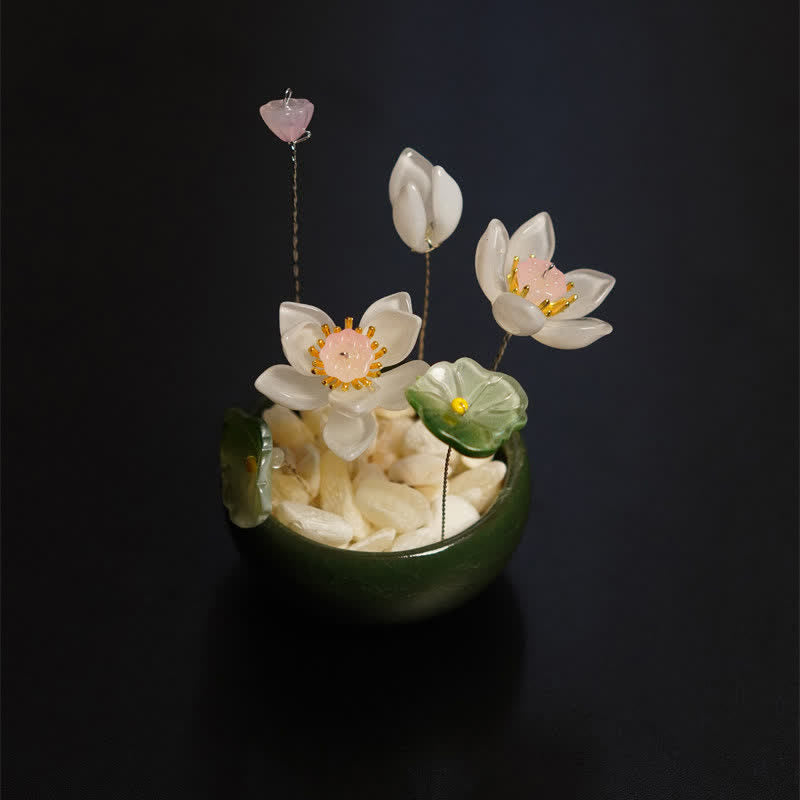 Peony Lotus Liuli Flowerpot – White pearl lotus with golden stamens in jade vessel, handmade craft