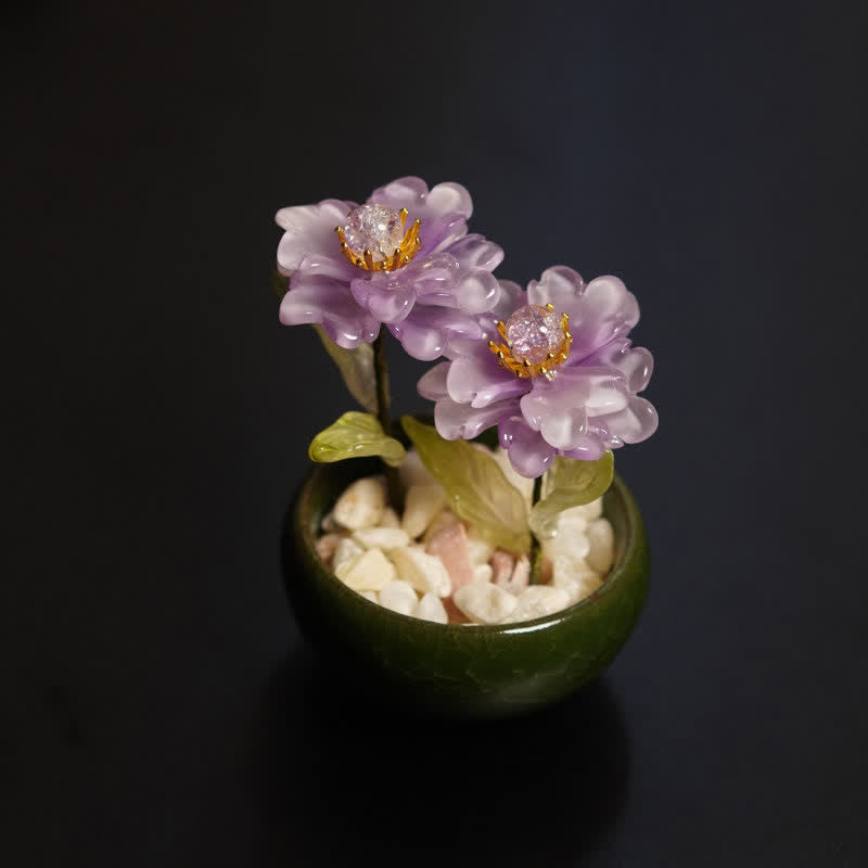 Peony Lotus Liuli Flowerpot – Purple peony flowers in olive green stone vessel, prosperity decor