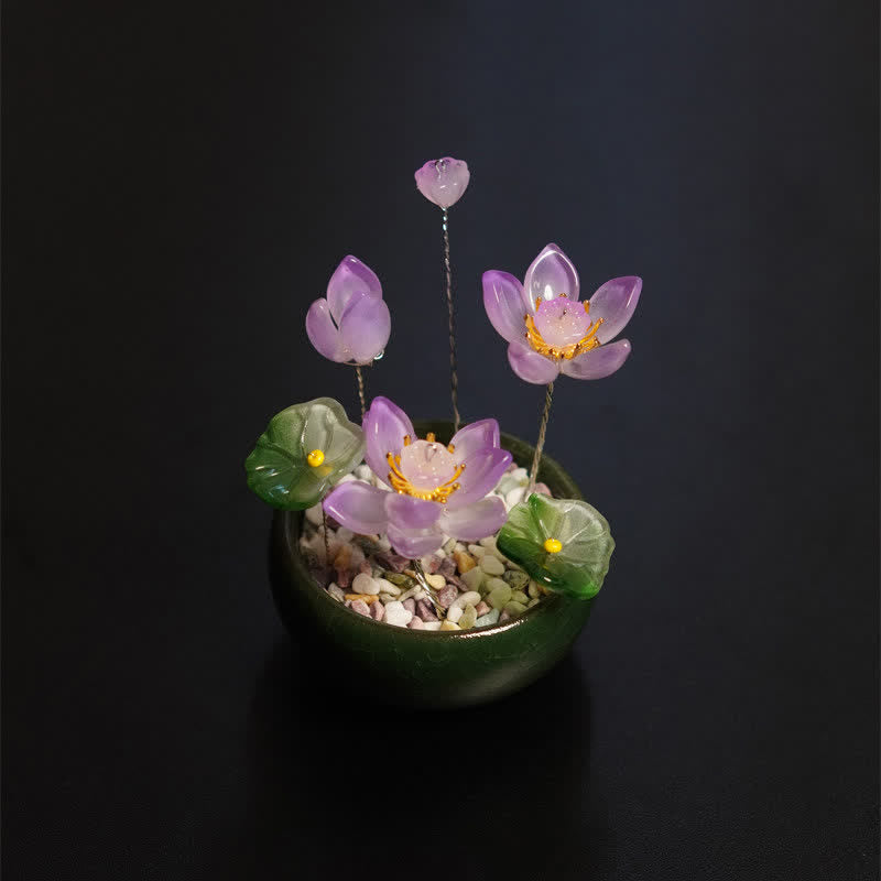 Peony Lotus Liuli Flowerpot – Lavender lotus in dark green ceramic bowl, crystal art decor