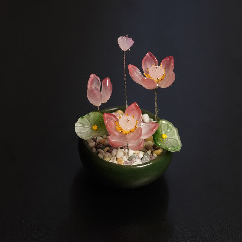 Peony Lotus Liuli Flowerpot – Pink lotus arrangement in green bowl with pebbles, zen decor
