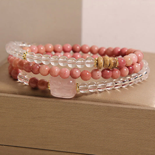 Rhodonite Clear Quartz Rose Quartz Pixiu Triple Wrap Bracelet – triple wrap with pink beads, clear quartz on gold display
