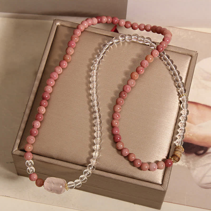 Rhodonite Clear Quartz Rose Quartz Pixiu Triple Wrap Bracelet – pink version on gold box showing full length and bead detail