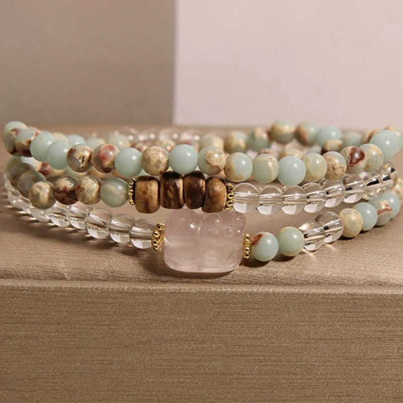 Rhodonite Clear Quartz Rose Quartz Pixiu Triple Wrap Bracelet – green Shoushan triple wrap with clear quartz, quartz Pixiu