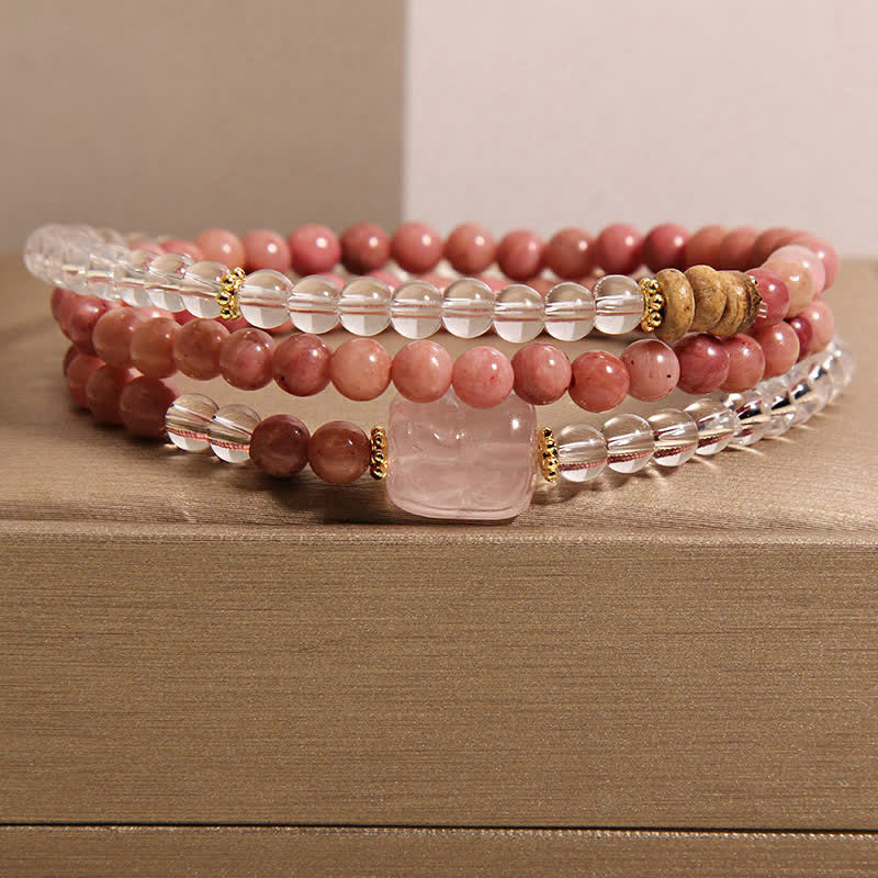 Rhodonite Clear Quartz Rose Quartz Pixiu Triple Wrap Bracelet – pink rhodonite wrap with clear quartz, rose quartz charm