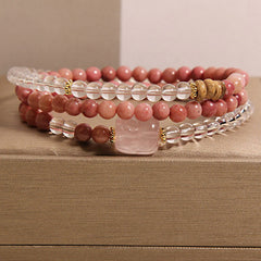 Rhodonite Clear Quartz Rose Quartz Pixiu Triple Wrap Bracelet – pink rhodonite wrap with clear quartz, rose quartz charm