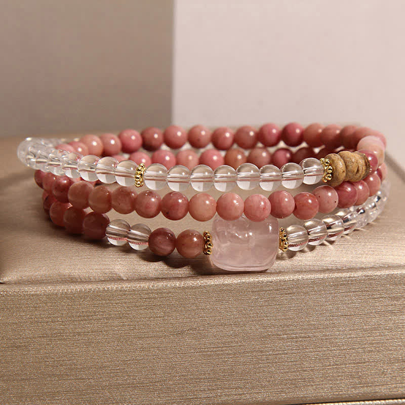 Rhodonite Clear Quartz Rose Quartz Pixiu Triple Wrap Bracelet – front view pink rhodonite clear quartz triple wrap with wood