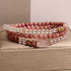 Rhodonite Clear Quartz Rose Quartz Pixiu Triple Wrap Bracelet – front view pink rhodonite clear quartz triple wrap with wood
