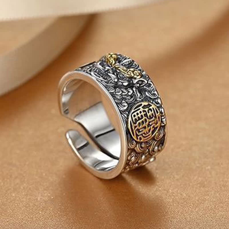 Wide Copper Pixiu Adjustable Luck Ring for Men – tilted angle highlighting Pixiu motif and gold circular symbol on band
