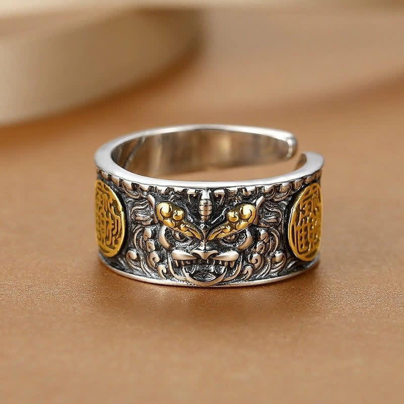 Wide Copper Pixiu Adjustable Luck Ring for Men – wide band front view with Pixiu beast face and gold on copper background