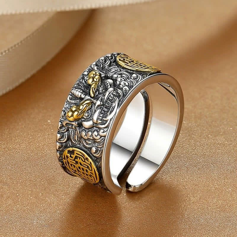 Wide Copper Pixiu Adjustable Luck Ring for Men – side angle showing open adjustable band and intricate engraved pattern