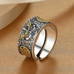 Wide Copper Pixiu Adjustable Luck Ring for Men – side angle showing open adjustable band and intricate engraved pattern