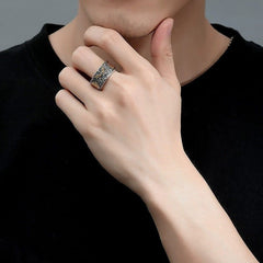 Wide Copper Pixiu Adjustable Luck Ring for Men – model wearing on finger with black shirt, men's feng shui ring style