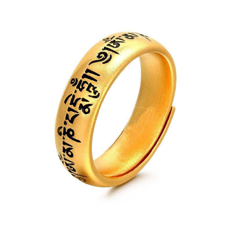Om Mani Padme Hum Ring – Adjustable gold band with Tibetan mantra on white, spiritual ring