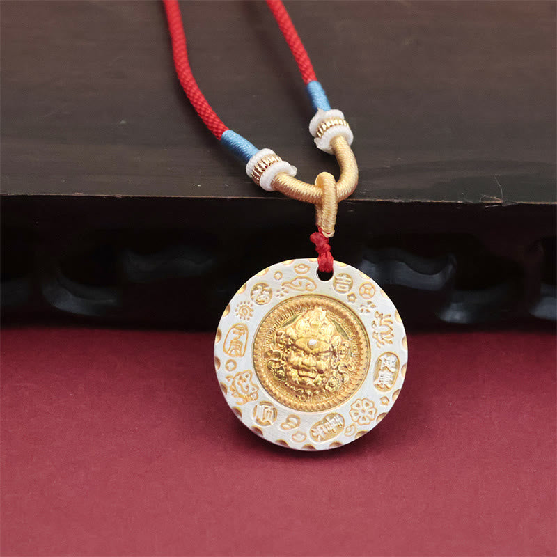 Tibet Yellow Jambhala God of Wealth Alloy Protection Necklace – front view of golden deity pendant, Tibetan talisman