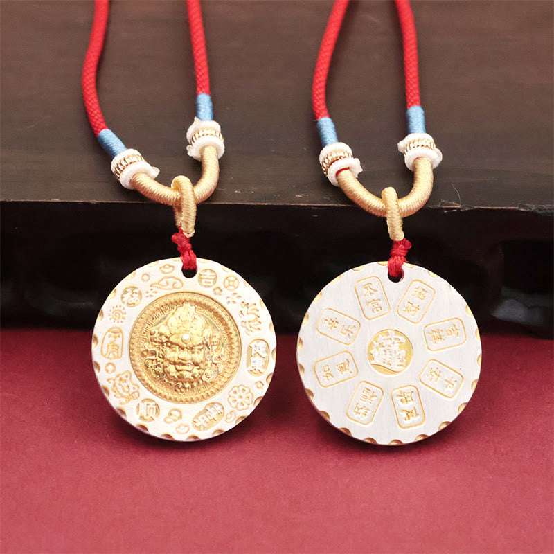 Tibet Yellow Jambhala God of Wealth Alloy Protection Necklace – pendant on black velvet background, sacred necklace