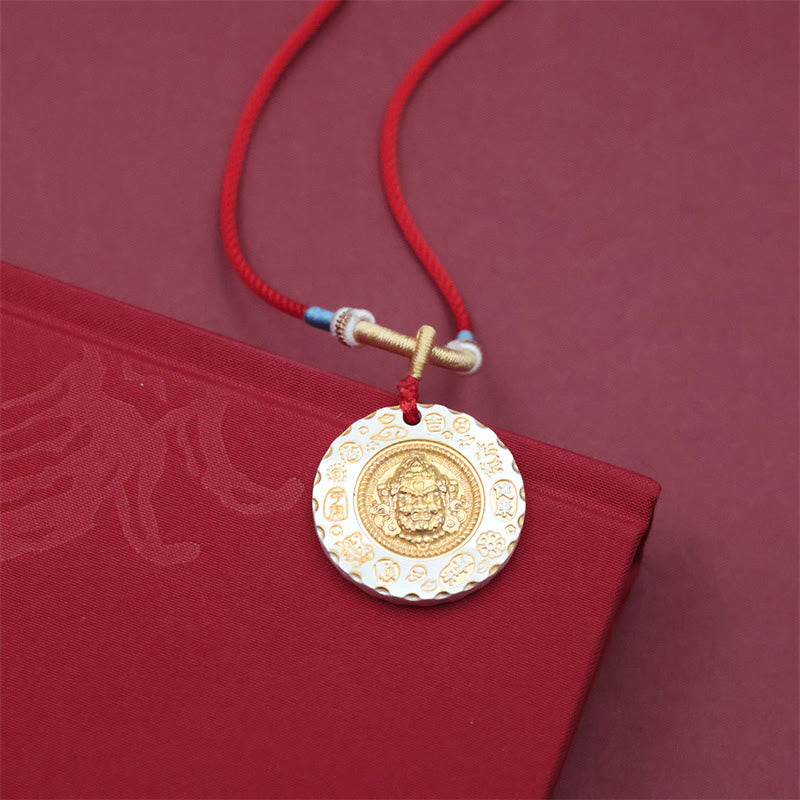 Tibet Yellow Jambhala God of Wealth Alloy Protection Necklace – back of pendant with engraved mantra, spiritual craft