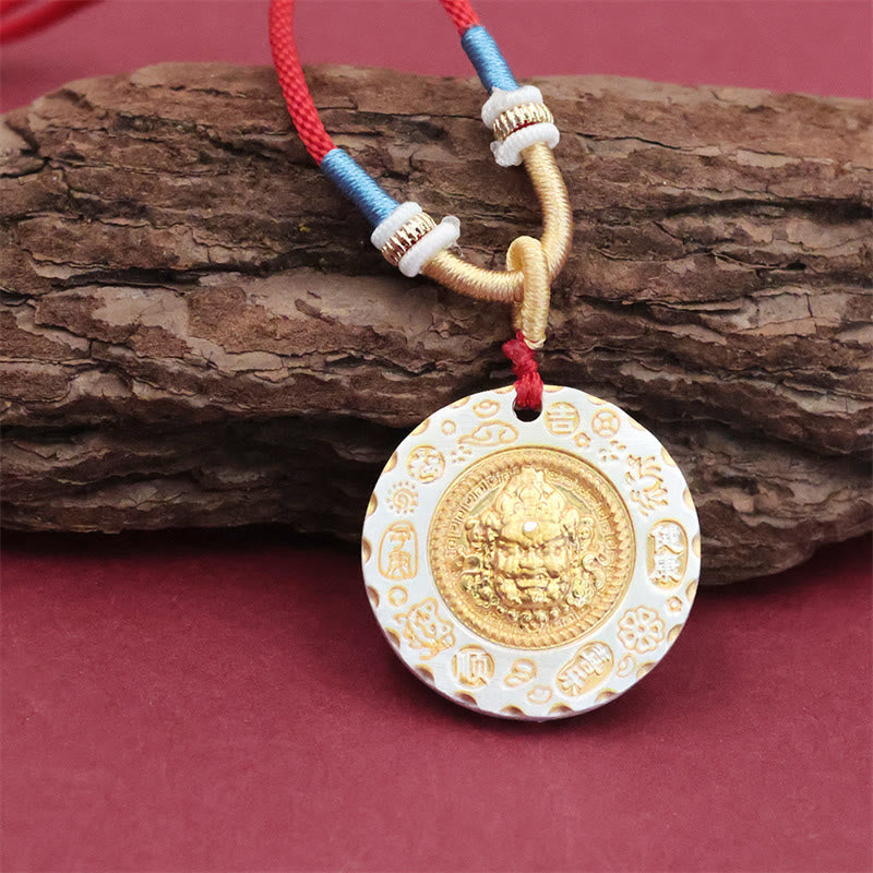 Tibet Yellow Jambhala God of Wealth Alloy Protection Necklace – close-up of Jambhala face detail, prosperity amulet