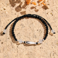 999 Sterling Silver Koi Fish Bracelet – bright silver fish bead with agate on black cord, natural daylight