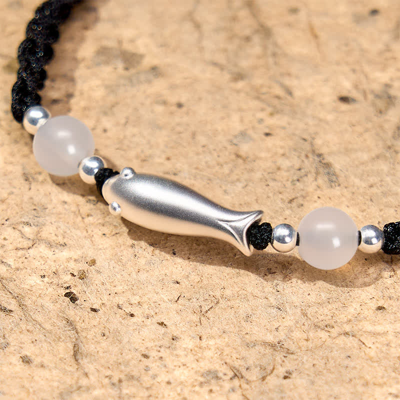 999 Sterling Silver Koi Fish Bracelet – macro close-up of silver fish charm and agate bead detailing