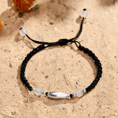 999 Sterling Silver Koi Fish Bracelet – matte silver koi with milky agate beads on woven black rope