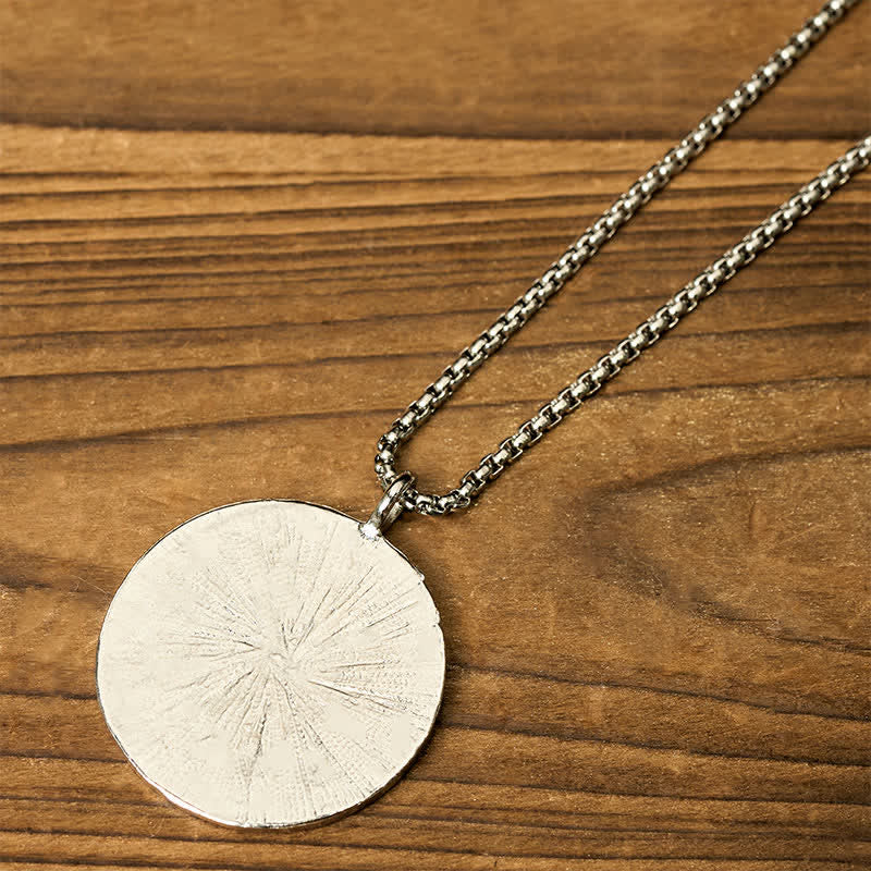 Yin Yang Bagua Pendant - Full necklace on wood, brushed silver disc pendant with box chain, zen jewelry