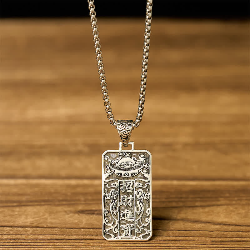 Copper Pixiu Chain Wealth Necklace Pendant - Feng Shui Attract – Back view with Chinese wealth characters on wood