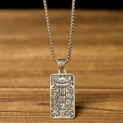 Copper Pixiu Chain Wealth Necklace Pendant - Feng Shui Attract – Back view with Chinese wealth characters on wood