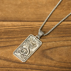Copper Pixiu Chain Wealth Necklace Pendant - Feng Shui Attract – Tilted angle view on wood surface, engraved