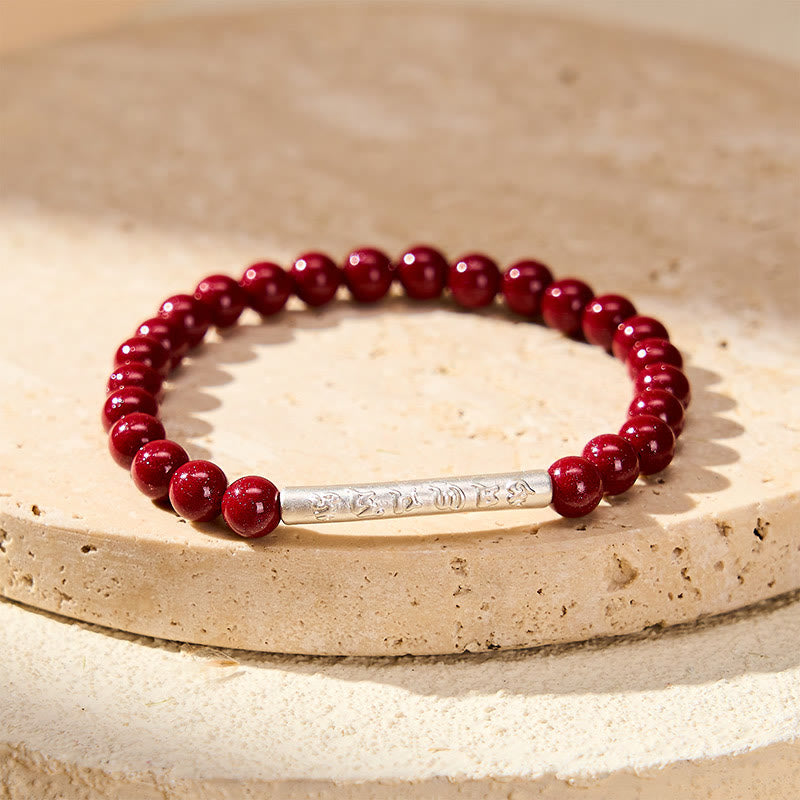 Sterling Silver Om Mani Padme Hum Bracelet – Silver engraved bead on travertine stone, cinnabar silver bracelet