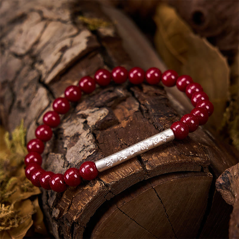 Sterling Silver Om Mani Padme Hum Bracelet – Silver mantra bead on cracked wood, natural red stone bracelet