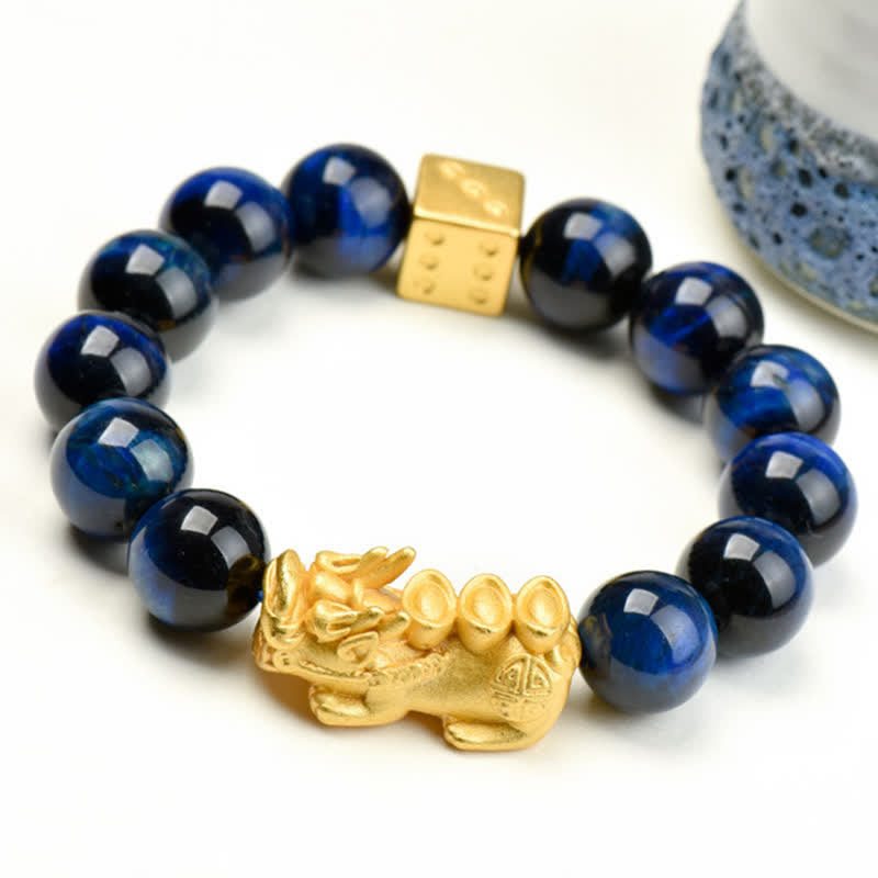 Natural Tiger Eye Pixiu Fu Om Mani Padme Hum Bracelet – blue tiger eye with golden Pixiu and gold Fu character square bead