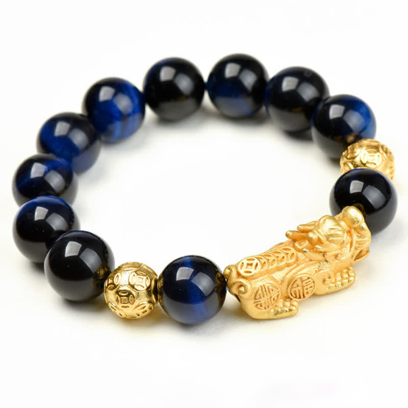 Natural Tiger Eye Pixiu Fu Om Mani Padme Hum Bracelet – blue tiger eye bracelet with golden Pixiu, alternate angle white