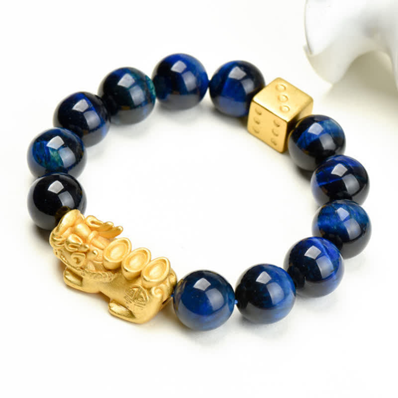 Natural Tiger Eye Pixiu Fu Om Mani Padme Hum Bracelet – blue tiger eye with golden Pixiu and gold Fu bead on white