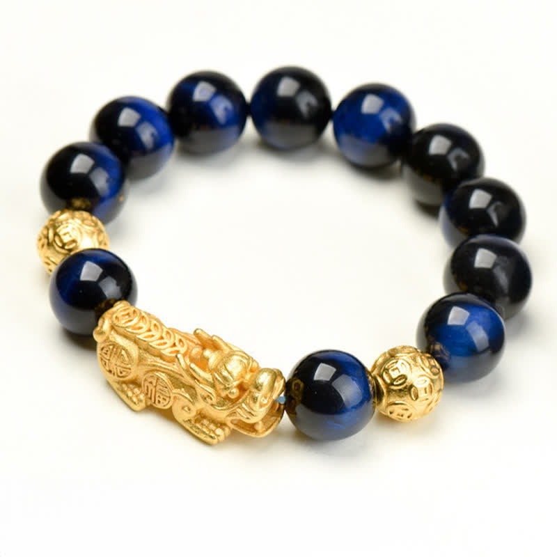 Natural Tiger Eye Pixiu Fu Om Mani Padme Hum Bracelet – golden Pixiu with deep blue tiger eye beads on white background