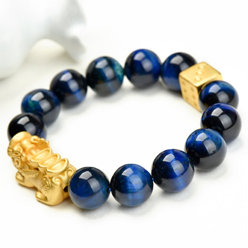 Natural Tiger Eye Pixiu Fu Om Mani Padme Hum Bracelet – blue tiger eye bracelet with Pixiu and Fu bead, angled white