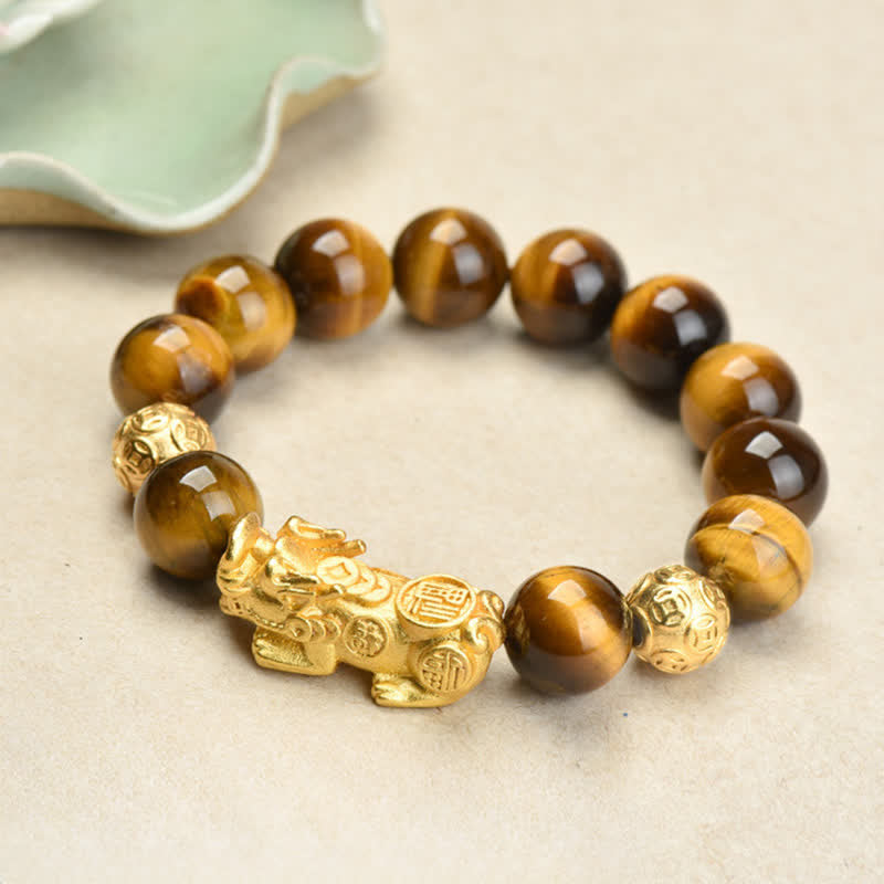 Natural Tiger Eye Pixiu Fu Om Mani Padme Hum Bracelet – top view golden Pixiu with glossy brown tiger eye round beads