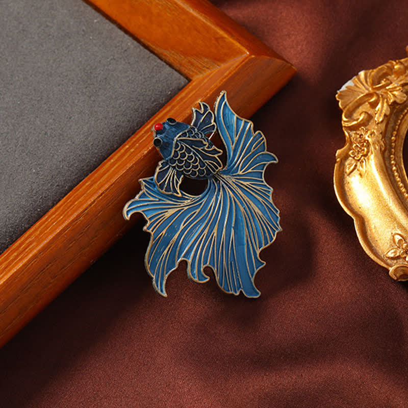 Cloisonne Enamel Blue Koi Fish Brooch – navy blue scale pattern with red eye, cloisonne wirework