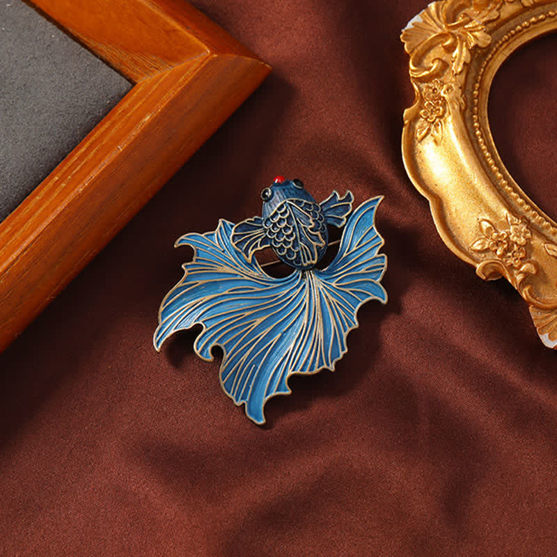 Cloisonne Enamel Blue Koi Fish Brooch – blue gradient tail fins with red crown on burgundy velvet