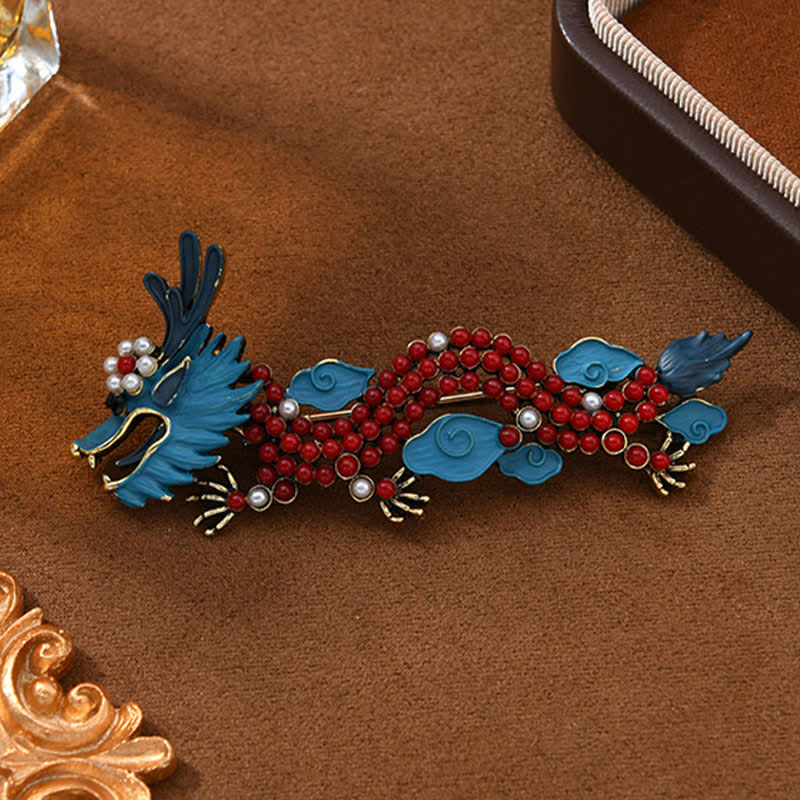 Blue Dragon Red Turquoise Luck Brooch – Blue enamel ruyi clouds, red bead scales on gold frame, Powerful