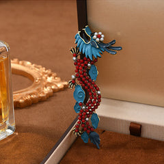Blue Dragon Red Turquoise Luck Brooch – Red gemstone body, enamel clouds, pearl crown in satin box, Fortunate