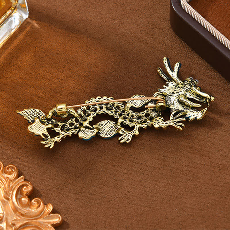 Blue Dragon Red Turquoise Luck Brooch – Antiqued gold dragon back with oxidized brass pin, Protective