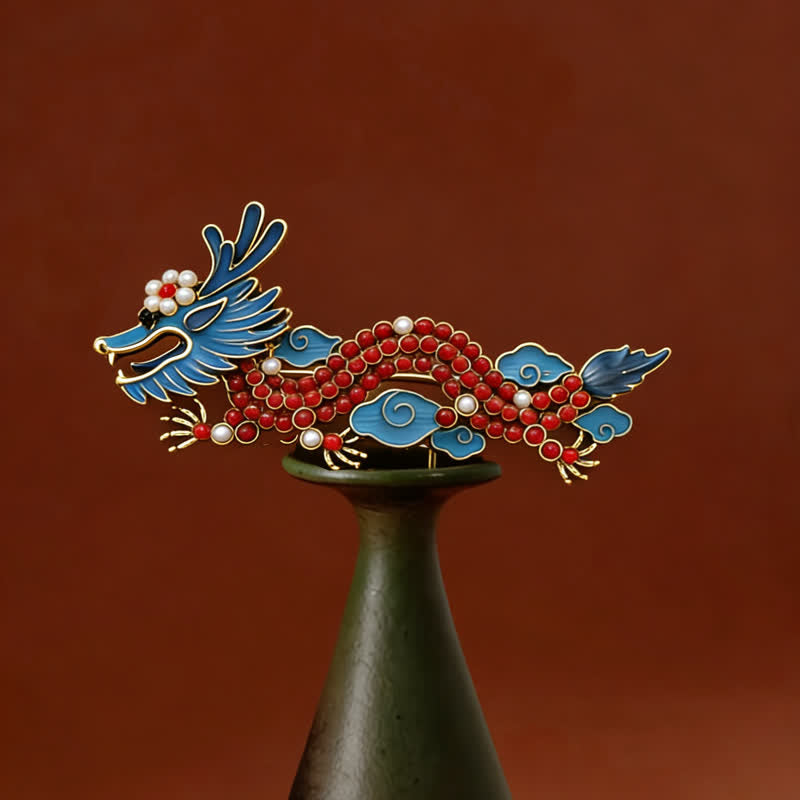 Blue Dragon Red Turquoise Luck Brooch – Blue enamel mane, red coral body, pearls on gold pin, Prosperous