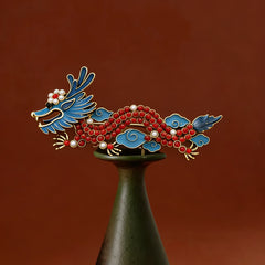 Blue Dragon Red Turquoise Luck Brooch – Blue enamel mane, red coral body, pearls on gold pin, Prosperous