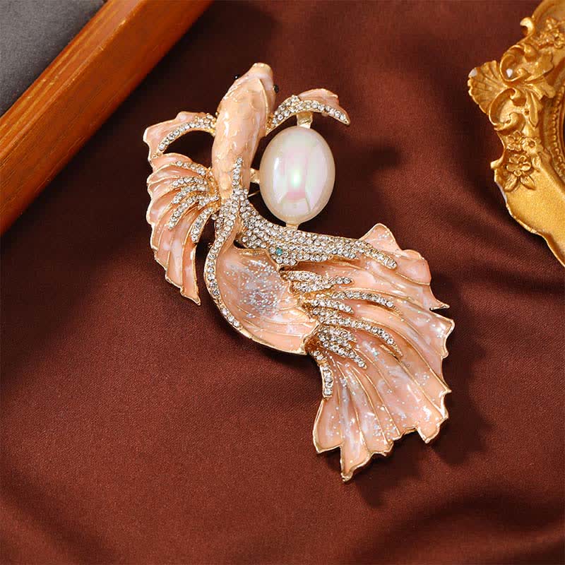 Glazed Koi Fish Pearl Brooch – peach enamel koi with baroque pearl on brown velvet, prosperity brooch pin