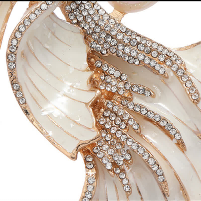 Glazed Koi Fish Pearl Brooch – macro close-up of white enamel scales and crystal pave detailing