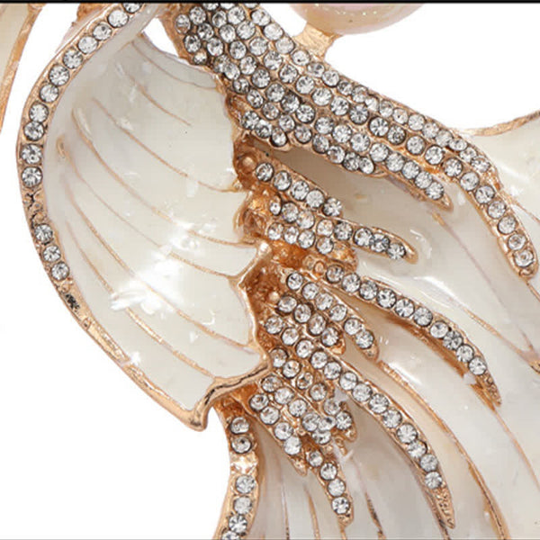Glazed Koi Fish Pearl Brooch – macro close-up of white enamel scales and crystal pave detailing