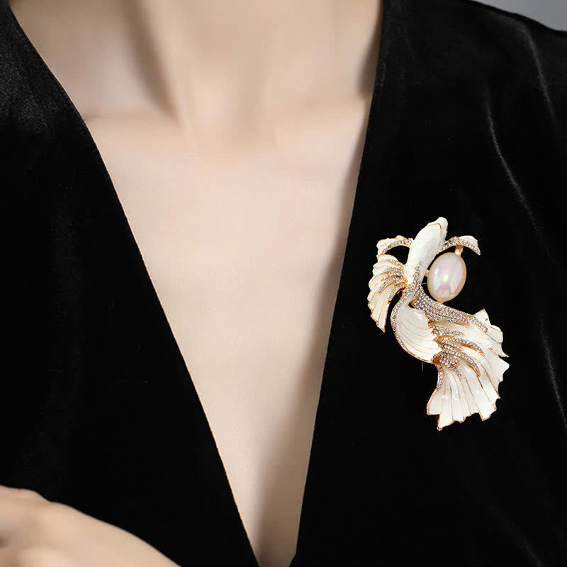 Glazed Koi Fish Pearl Brooch – worn on black velvet blazer lapel, lifestyle editorial styling
