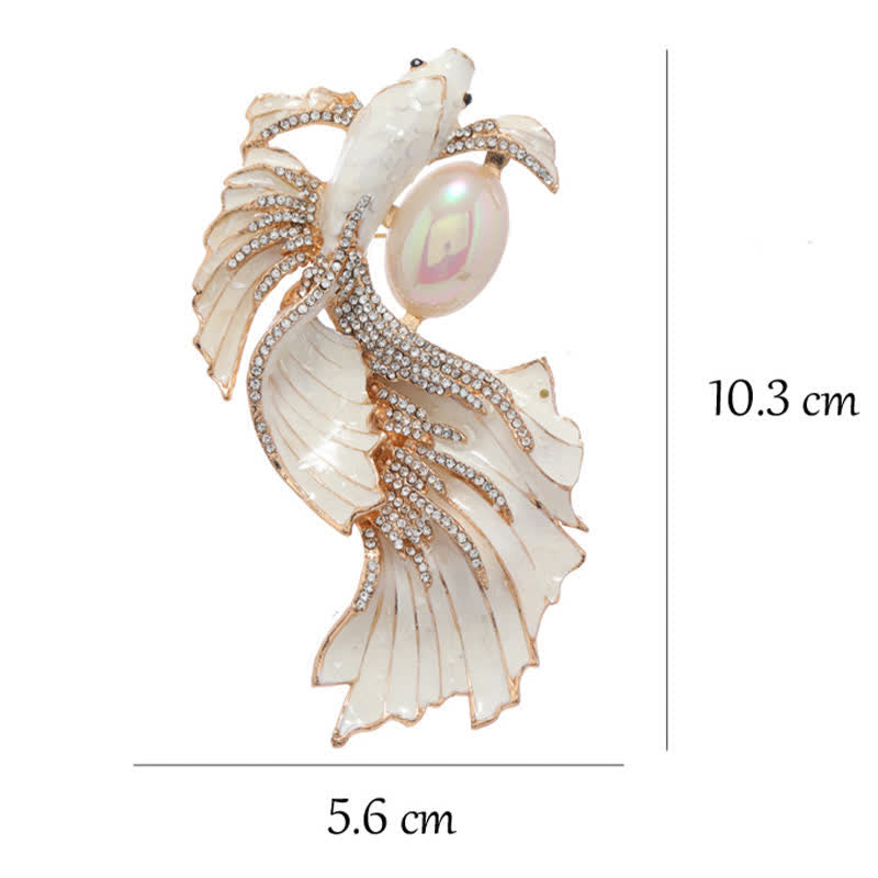 Glazed Koi Fish Pearl Brooch – size reference 10.3cm by 5.6cm on white background, statement pin