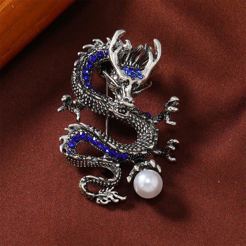 Domineering Dragon Pearl Strength Alloy Brooch – silver dragon with royal blue crystals and white pearl, strength